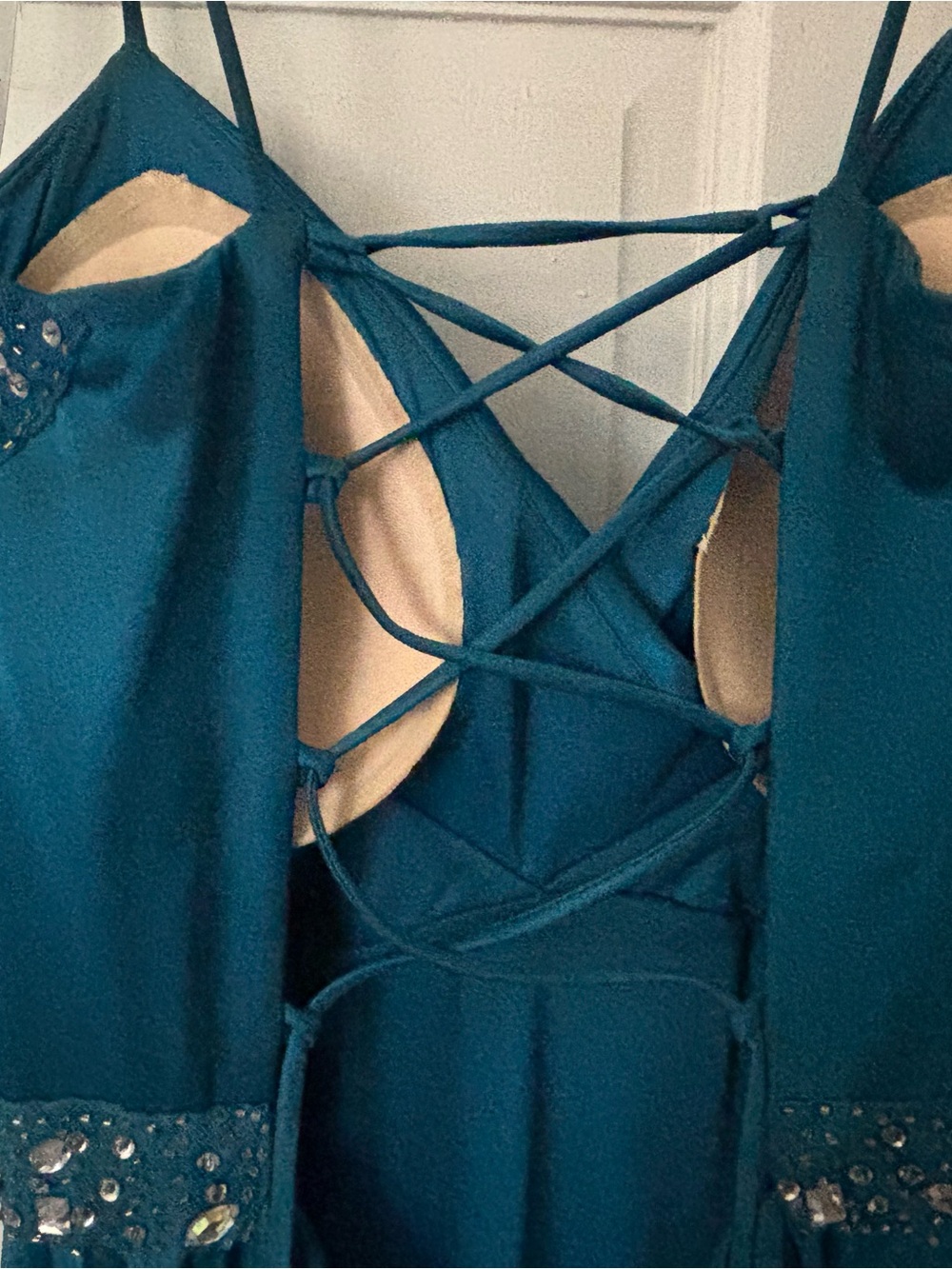 Masquerade Teal Pleated Evening Gown with Beaded Crisscross Waist Y2K vintage - Picture 4 of 6